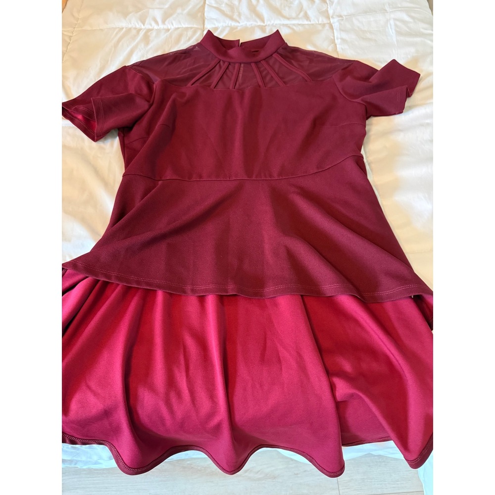 SHEIN Curve Burgundy Mesh Mock Neck Peplum Tiered Fit and Flare Top 2XL